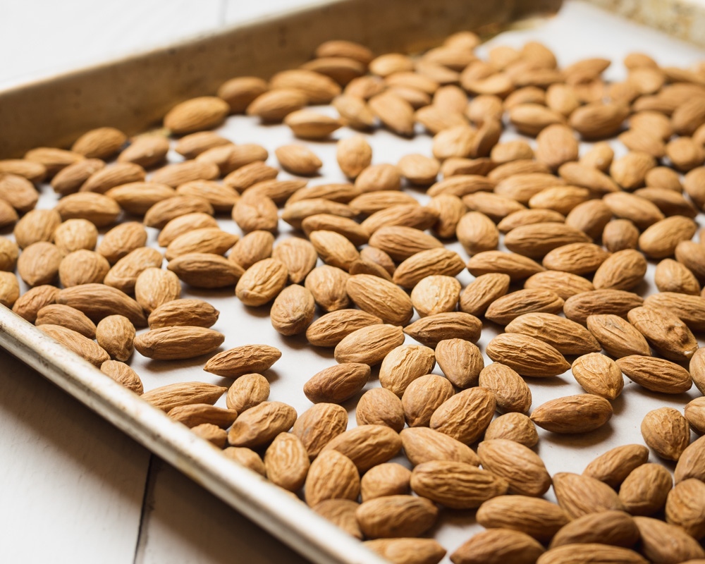 Almonds on a baking sheet