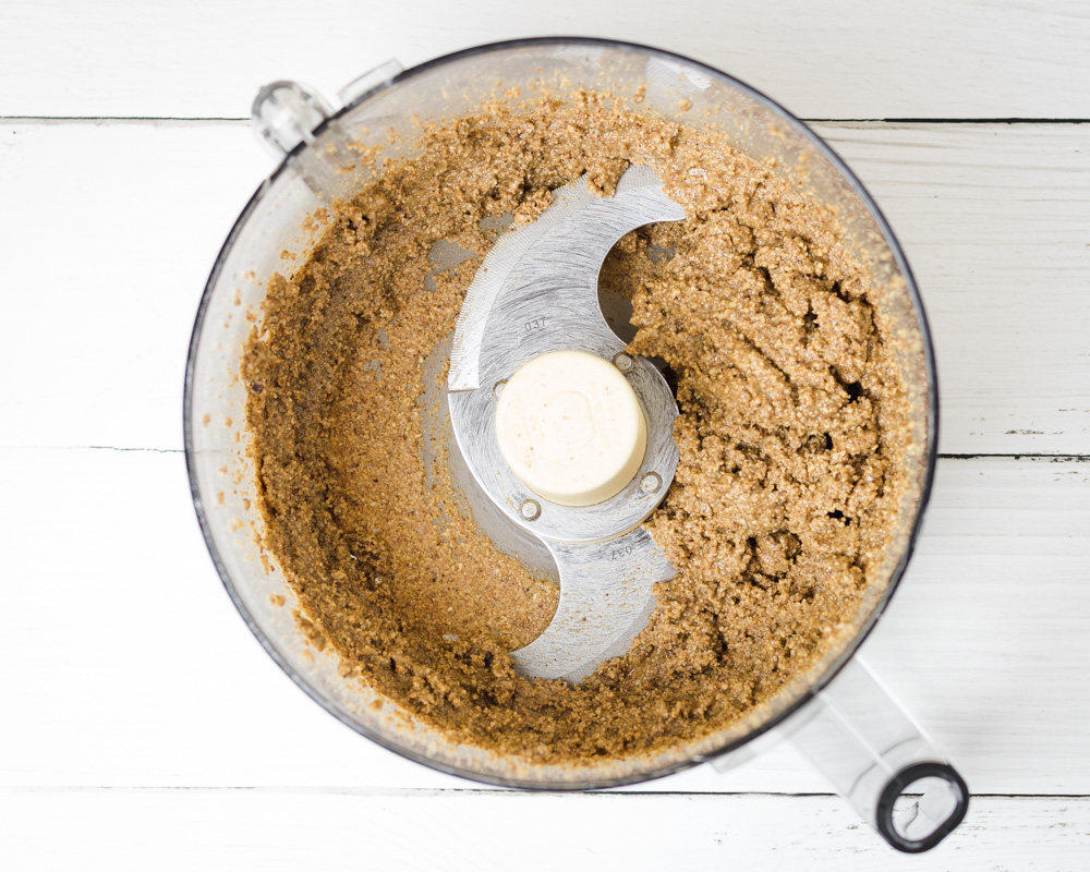 Creamy Almond Pecan Butter in food processor.