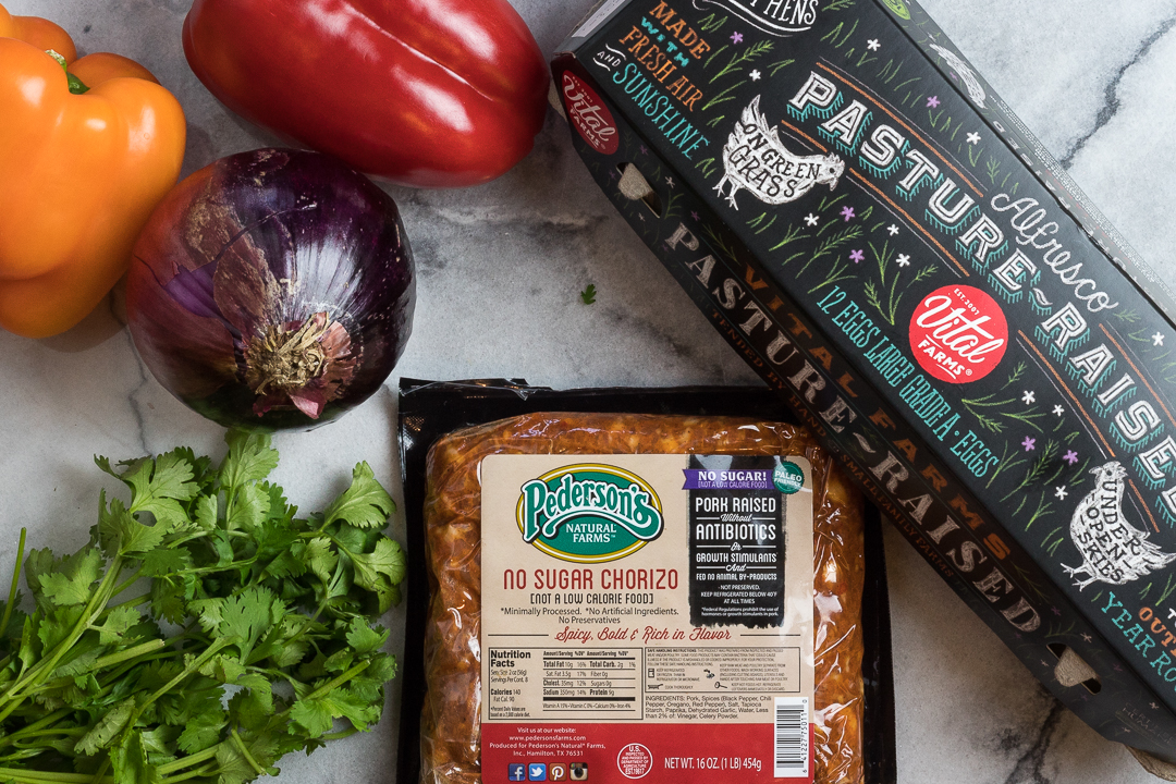 Spicy Chorizo fritatta ingredients laid out.