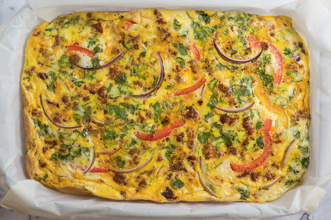 Chorizo Fritatta whole in baking pan. 