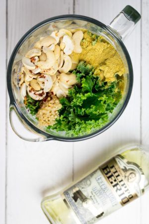 Creamy Kale and Cashew Pesto ingredients in the blender.