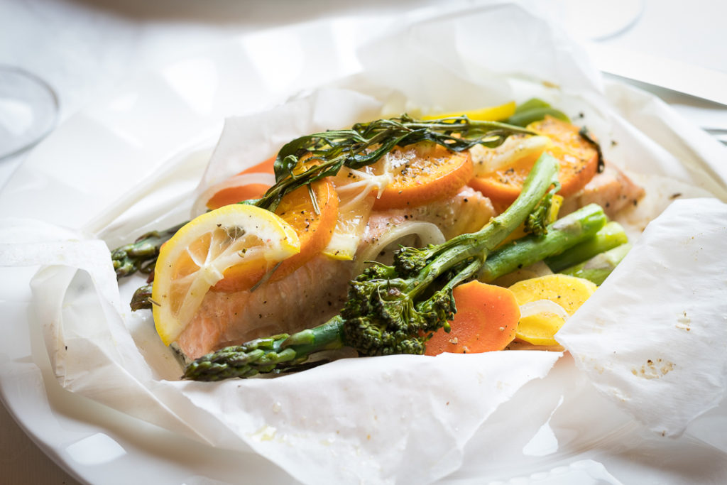 Salmon in parchment paper with veggies. 
