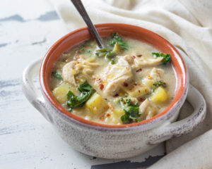 Chicken and Kale Chowder in a crock