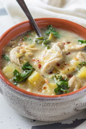 Chicken and Kale Chowder in a crock